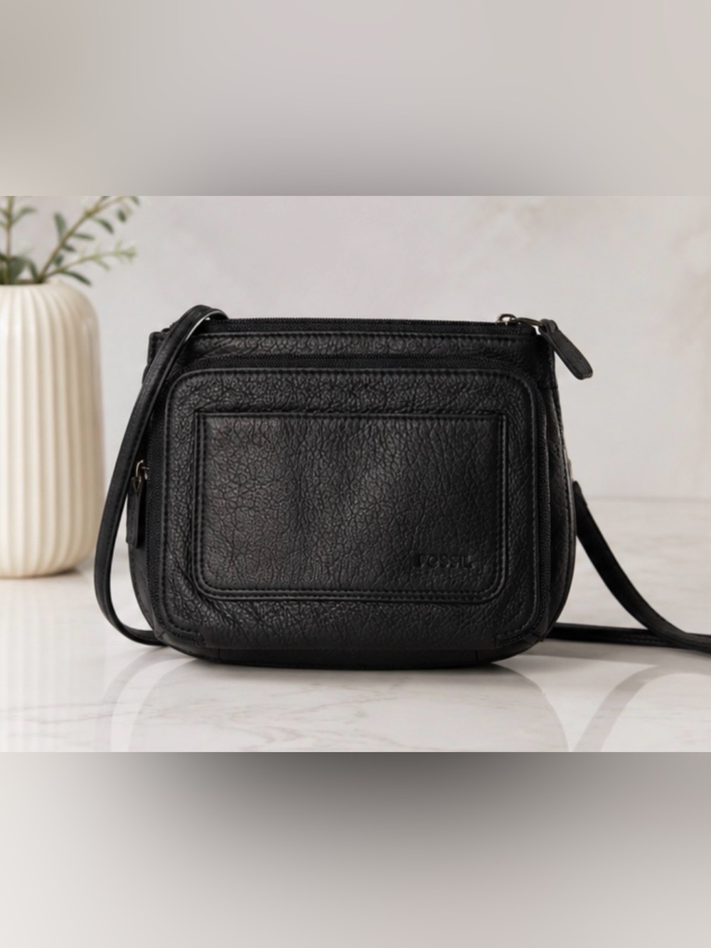 Fossil Smooth Black Leather Crossbody Bag